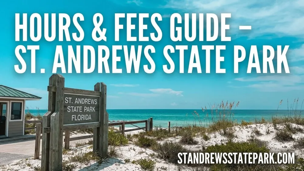 A wooden bench near the shoreline at St. Andrews State Park with clear blue waters and sandy beaches in the background.
