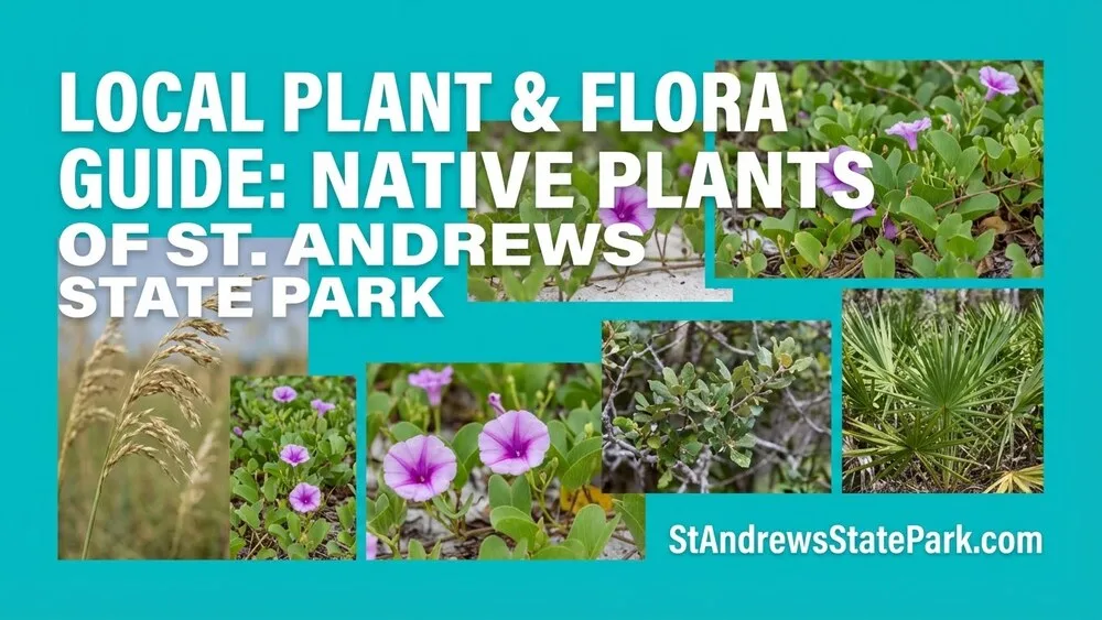 Bright purple flowers grow amidst green foliage at St. Andrews State Park, showcasing the native flora.