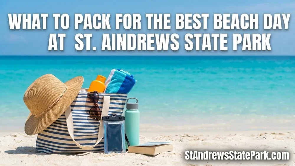 A picnic table with sunscreen, towels, and beach gear at St. Andrews State Park on a sunny day.
