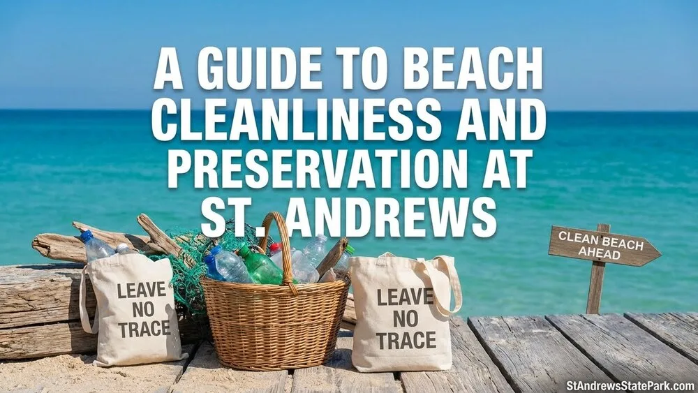 A basket filled with trash bags on the sandy beach of St. Andrews State Park, emphasizing the importance of cleanliness and p…