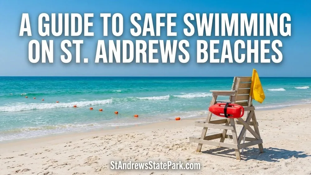 A lifeguard tower and flags on St. Andrews State Park beach indicate safe swimming areas and rip current warnings.
