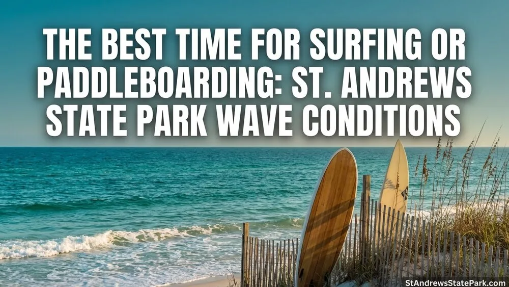 A paddleboard leaning against a wooden fence on the shore at St. Andrews State Park, showing the wave conditions for surfing…
