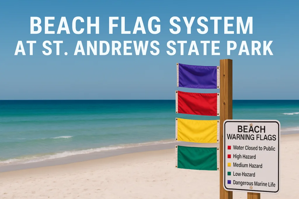 A beach scene at St. Andrews State Park showing a colorful flag system for safety at the shoreline.