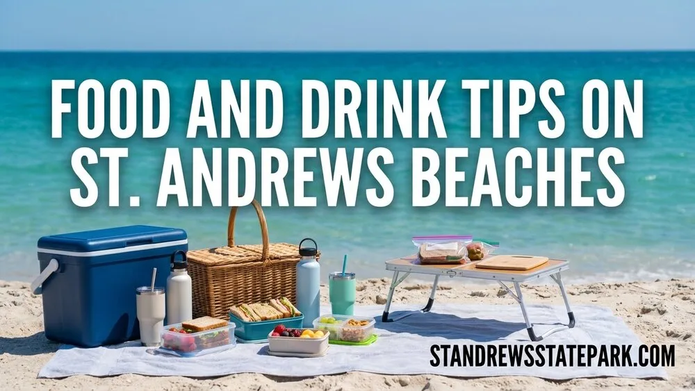 St. Andrews State Park features a sandy beach with picnic tables and snacks for visitors enjoying food and drink tips.