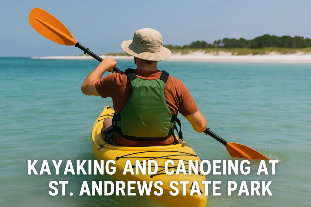 A person wearing a hat paddles a kayak on the calm waters at St. Andrews State Park during kayaking.