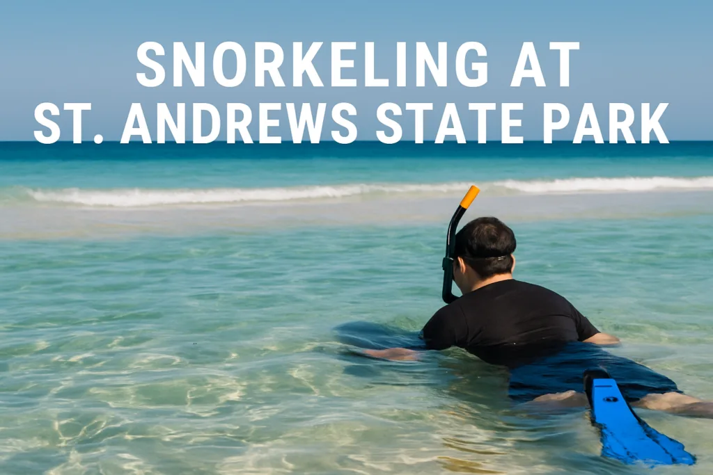 A snorkeler in a black wetsuit explores clear waters at St. Andrews State Park during a sunny day.
