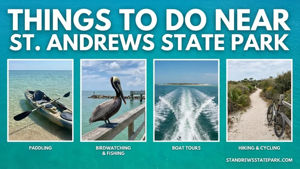 Pelican statue at St. Andrews State Park with boats in the water nearby, showcasing things to do near St. Andrews.