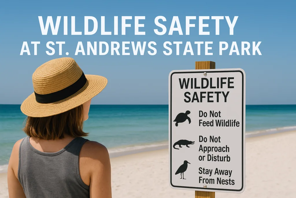 A women wearing a hat watches seagulls at St. Andrews State Park, emphasizing wildlife safety in the area.