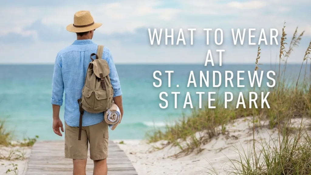 A person wearing a hat and backpack walks along the sandy shore at St. Andrews State Park.