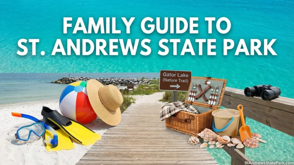 A family enjoying a picnic at St. Andrews State Park with a beach ball in the foreground.