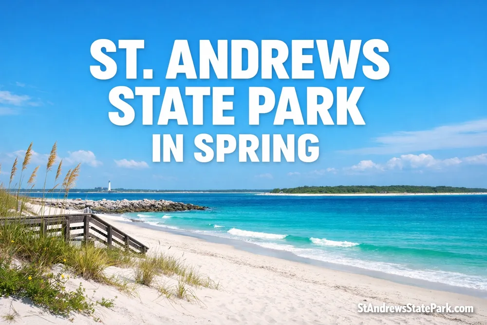 St. Andrews State Park in spring shows a sandy beach with turquoise waters and a clear blue sky.