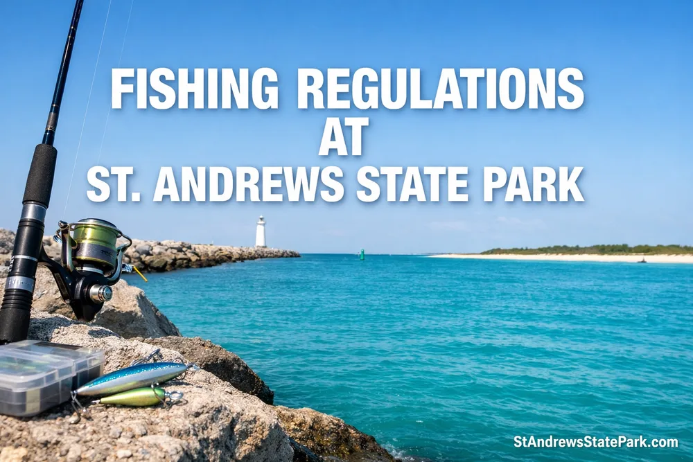 A fisher in St. Andrews State Park following the posted fishing rules near the pier with calm blue water in the background.