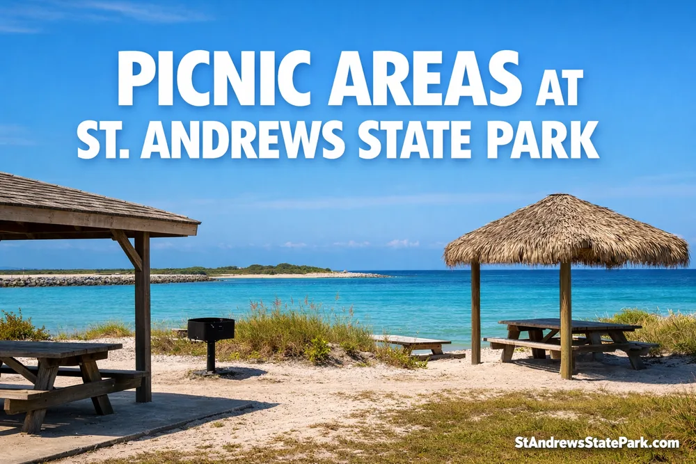 St. Andrews State Park picnic areas with wooden tables and thatched umbrellas by the beach.