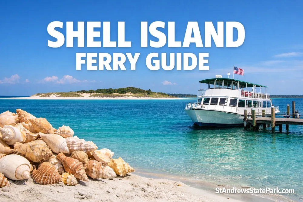 A ferry boat approaching Shell Island at St. Andrews State Park on a sunny day.