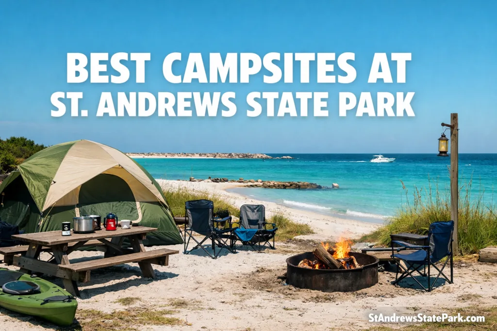 A tent set up on the sandy beach at St. Andrews State Park showcasing one of the best campsites.