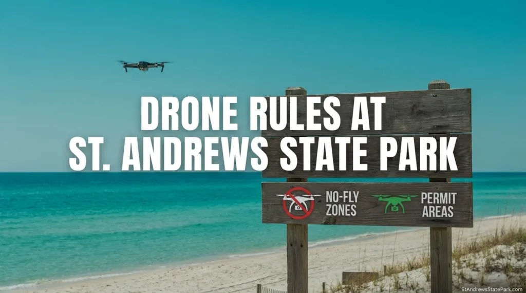 A drone flying over the sandy beach at St. Andrews State Park illustrates the park's drone rules policy.