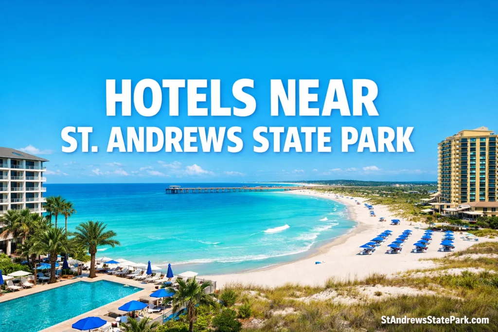 A sandy beach with clear blue water at St. Andrews State Park, with nearby hotels visible along the shoreline.