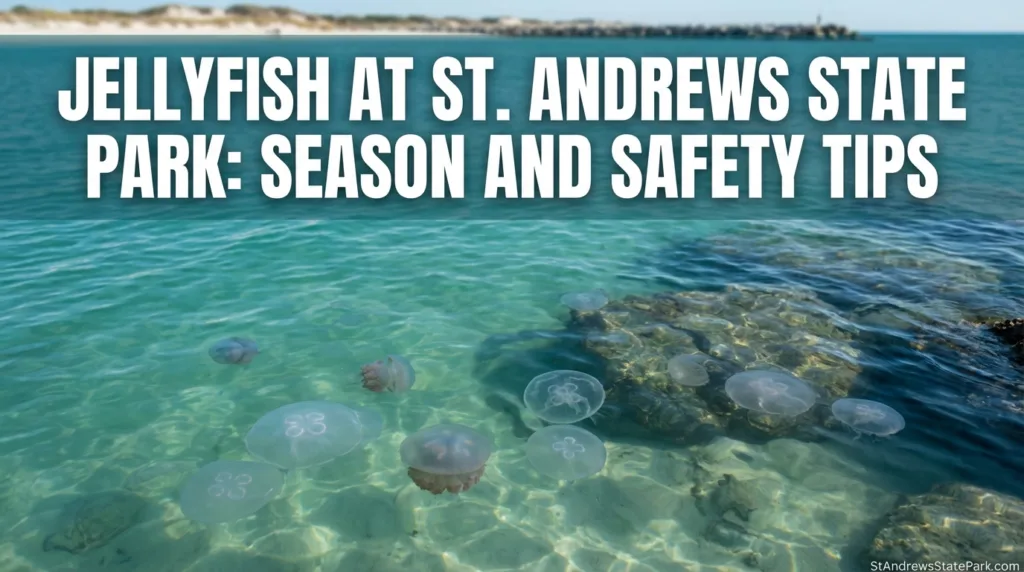 A jellyfish floats near rocks in the clear water at St. Andrews State Park during the summer season.