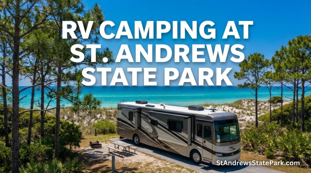 An RV parked by the water at St. Andrews State Park, a popular spot for RV camping.
