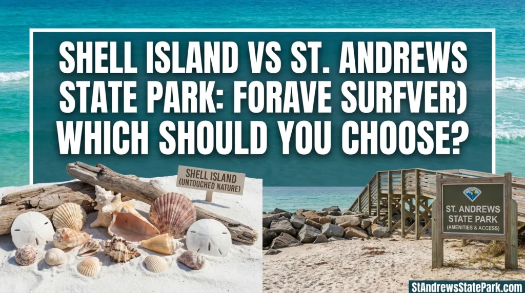 A sandy beach at St. Andrews State Park with shells and the ocean, illustrating the scenic contrast with Shell Island.