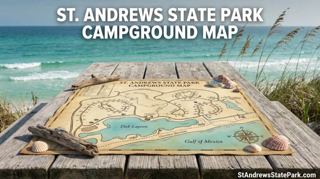 St. Andrews State Park campground map shows lush trees and a small lake.