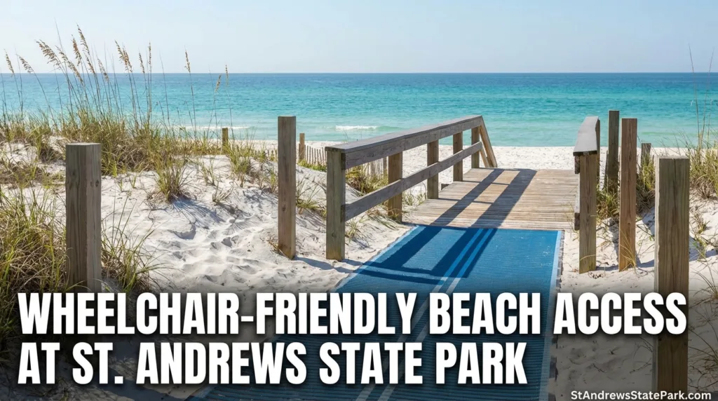 A wooden ramp leading to a wheelchair-friendly beach at St. Andrews State Park with the ocean in the background.