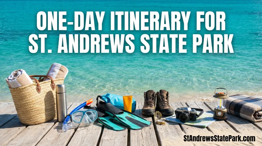 A sandy trail at St. Andrews State Park with clear turquoise water in the background, perfect for a one day itinerary explora…