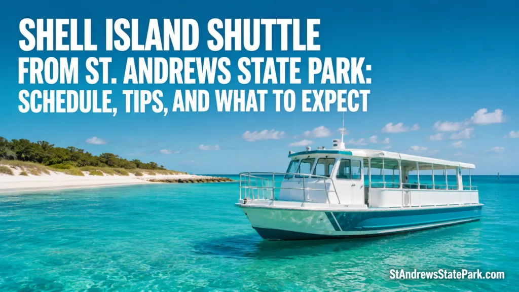 A boat taking visitors to Shell Island Shuttle from St. Andrews State Park on a sunny day.