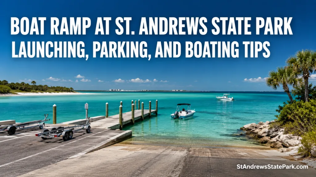 The boat ramp at St. Andrews State Park offers convenient launching and parking for boaters looking to enjoy the waters.