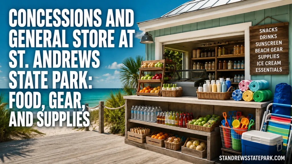 A view of the concessions and general store at St. Andrews State Park offering food, gear, and supplies for visitors.