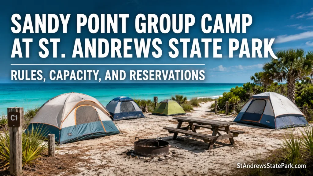 Sandy Point Group Camp at St. Andrews State Park offers a scenic spot for gatherings with designated capacity and reservation…