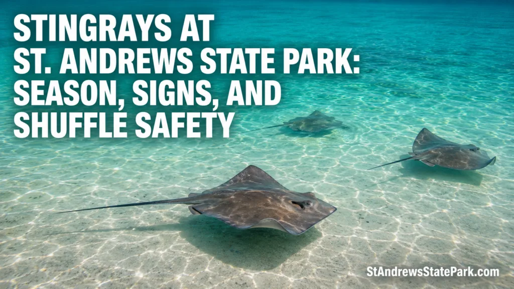 Stingrays at St Andrews State Park showcase season signs and shuffle safety for visitors enjoying the water.
