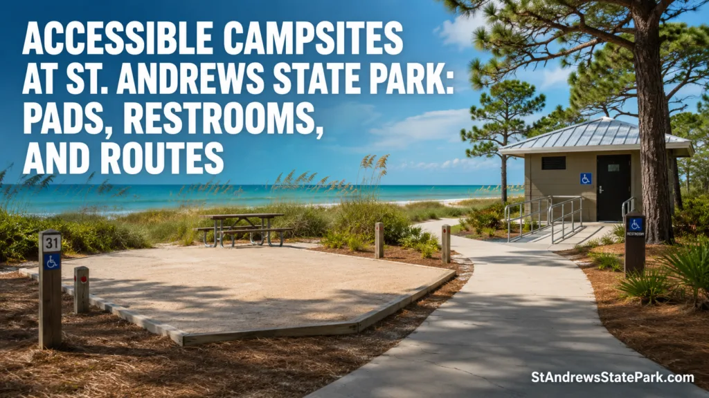 Accessible campsites at St. Andrews State Park with pads, restrooms, and routes for all visitors.