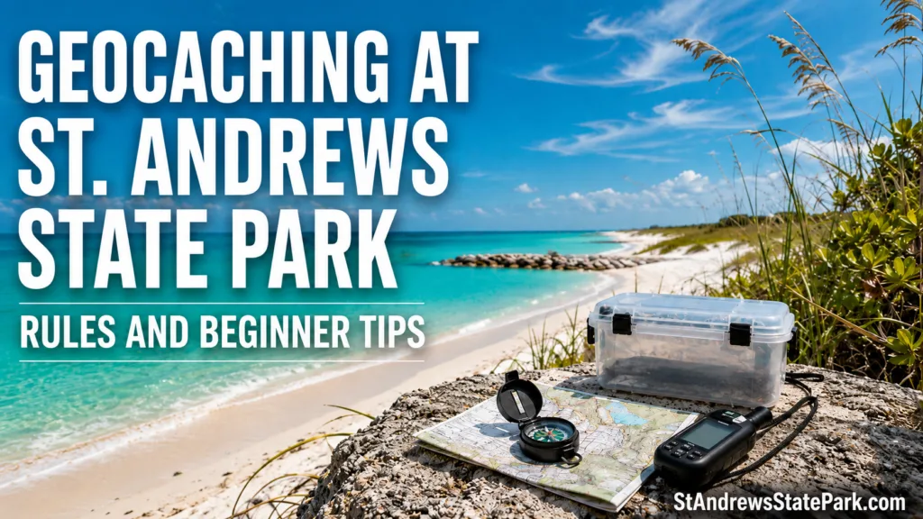 A scenic view at St. Andrews State Park with geocaching activities for beginners in a sunny outdoor setting